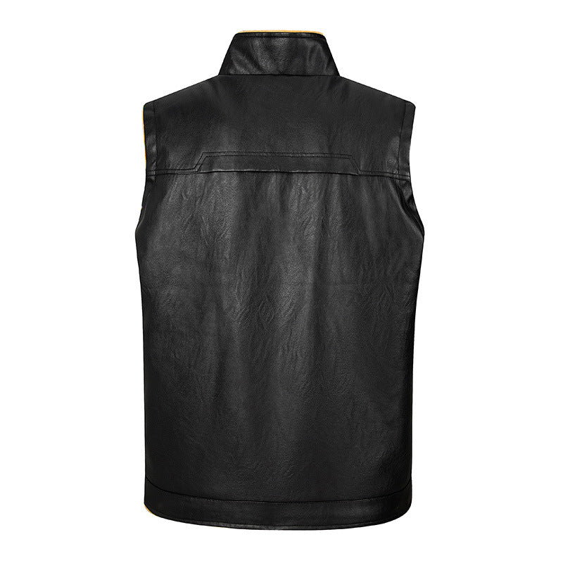 Male Leather Vest Autumn And Winter Fleece-lined Stand Collar Vest