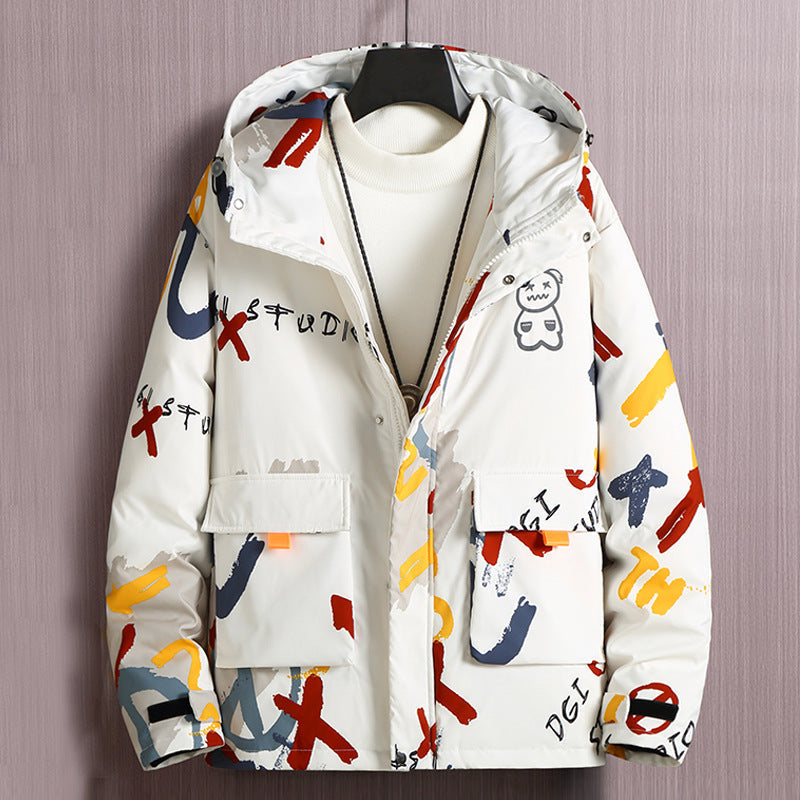 Men's Short Padded Hooded Graffiti Jacket