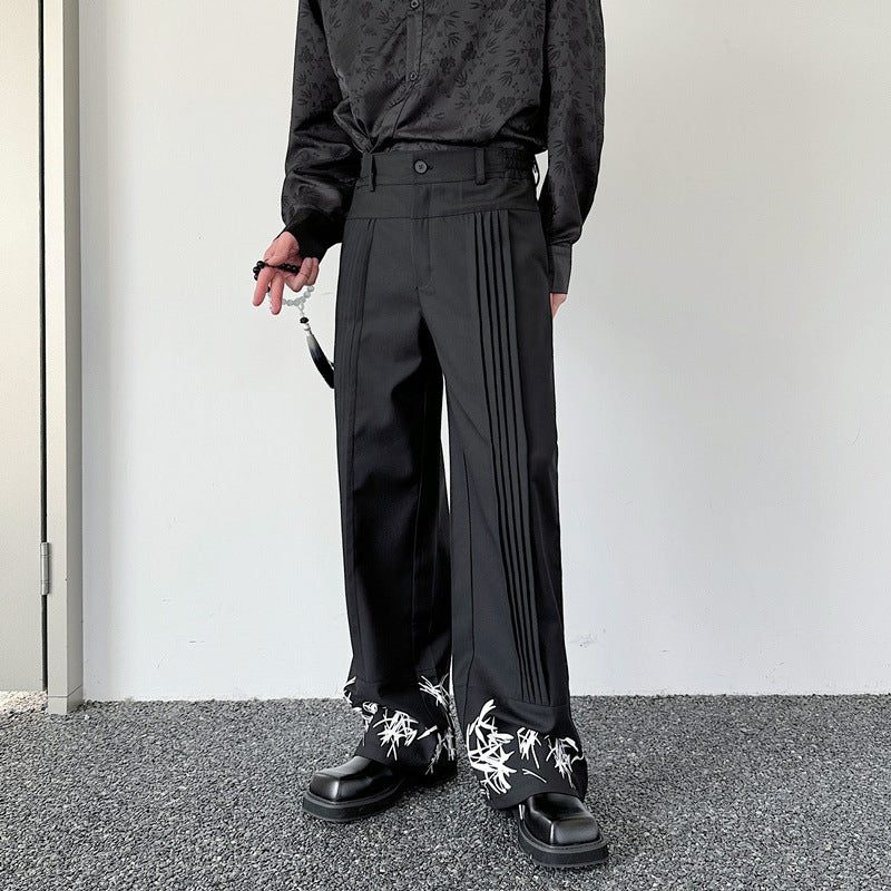 Pleated Wide Leg Printing Casual Straight Pants