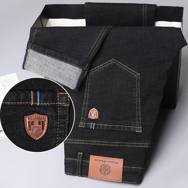 Autumn And Winter Fleece-lined Jeans For Men, Loose Straight Leg