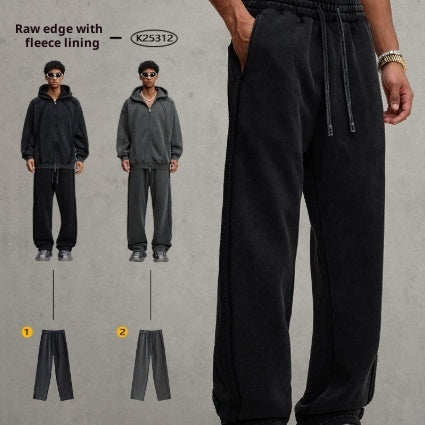 Trendy West Coast Vintage Brushed Fleece Distressed Sweatpants Casual Pants For Men