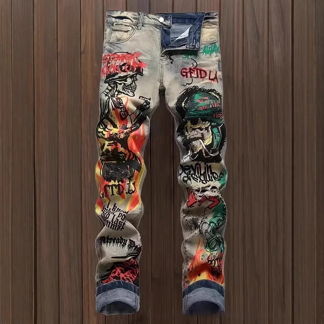 Slim-fit Stretch Ripped Embroidered Vintage Patch Jeans