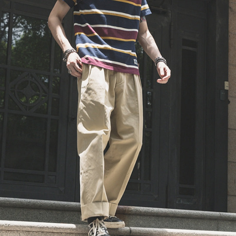 Retro Men's Casual Trousers Two Pleats Loose Cargo
