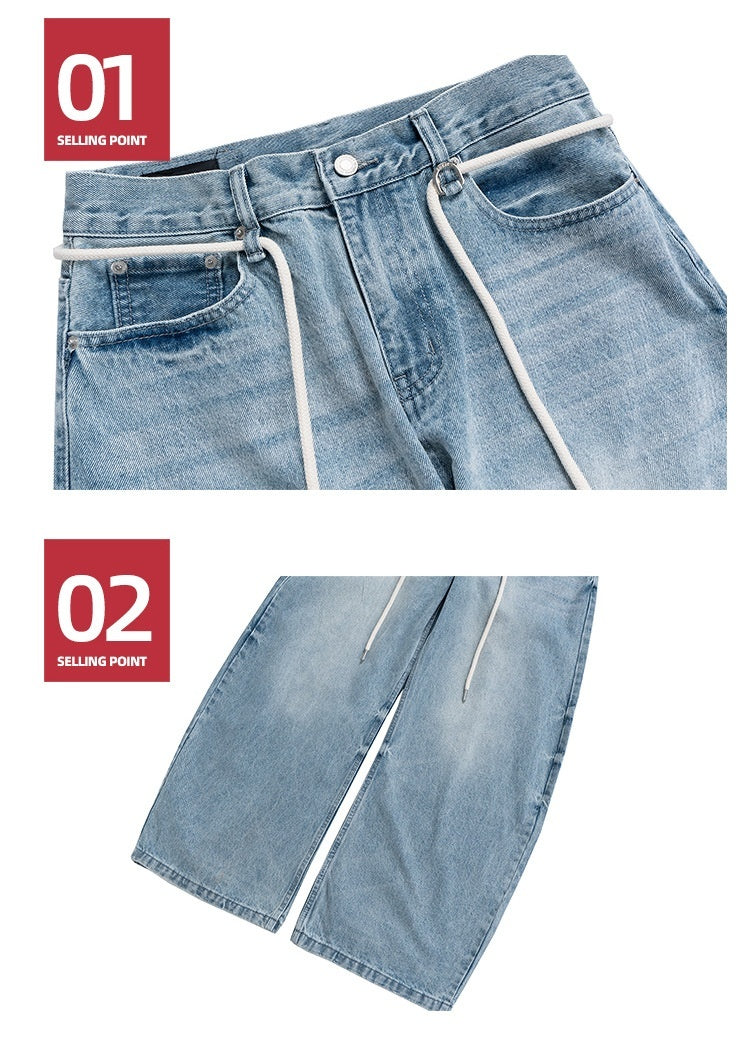 Retro Trousers Same Washed Vintage Washed Jeans With Drawstring Belt