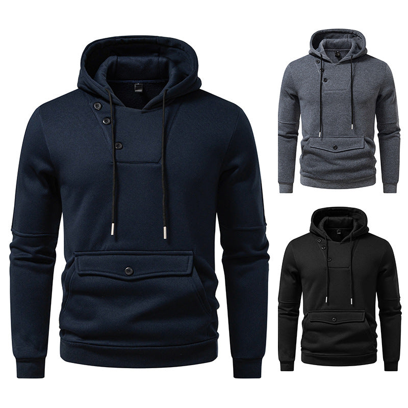 Diagonal Buckle Placket Design Casual Hooded Large Pocket Sweatshirt
