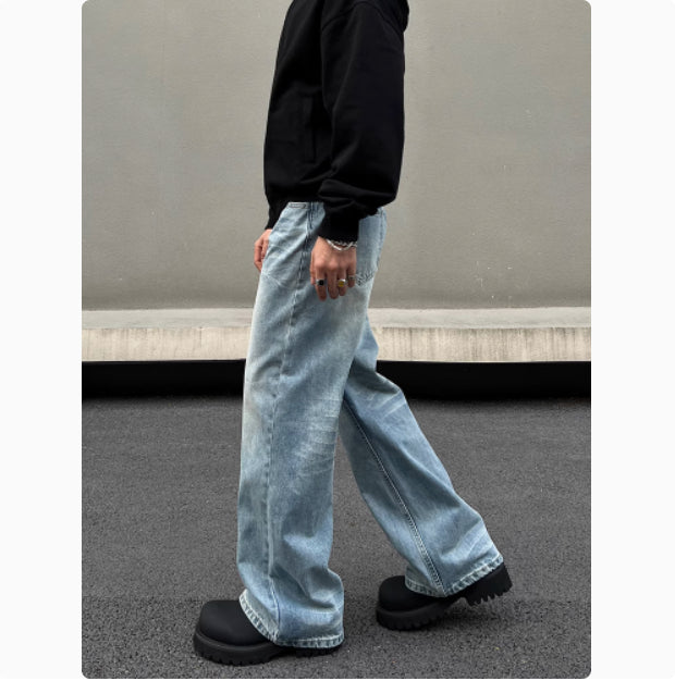 Men's Retro Whisker Washed Blue Straight Jeans