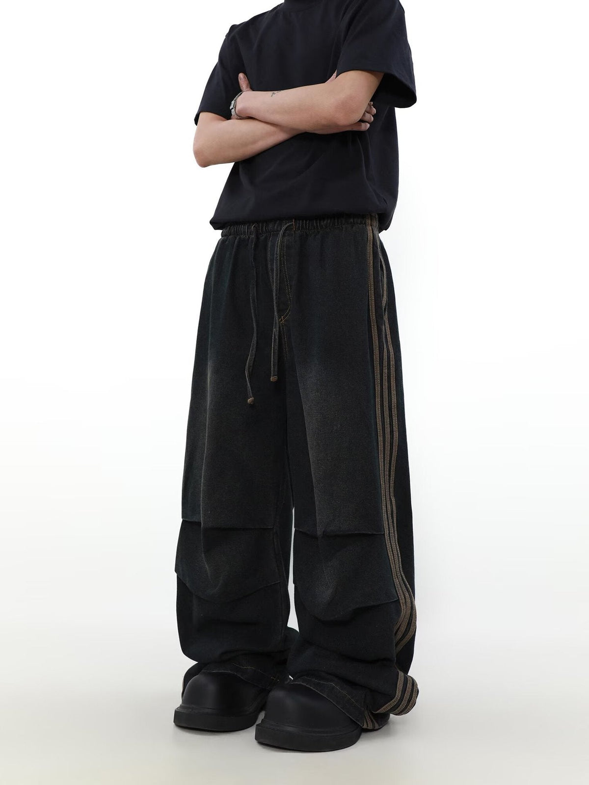 American Pleated Design Sense Niche Striped Wide Leg Straight Jeans Men