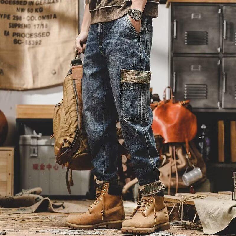 American-style Heavy Distressed Cargo Jeans Men's Loose