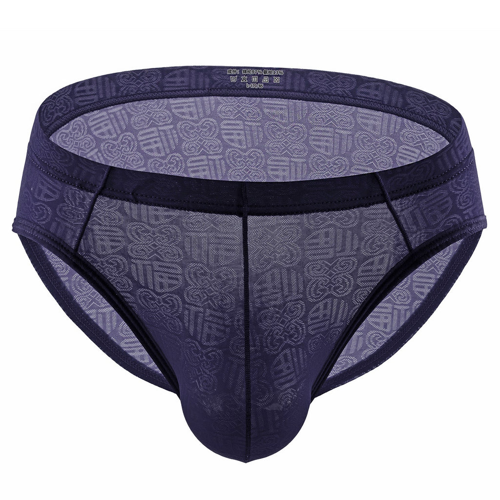 Men's Ice Silk Briefs Sexy Thin Fu Character Jacquard