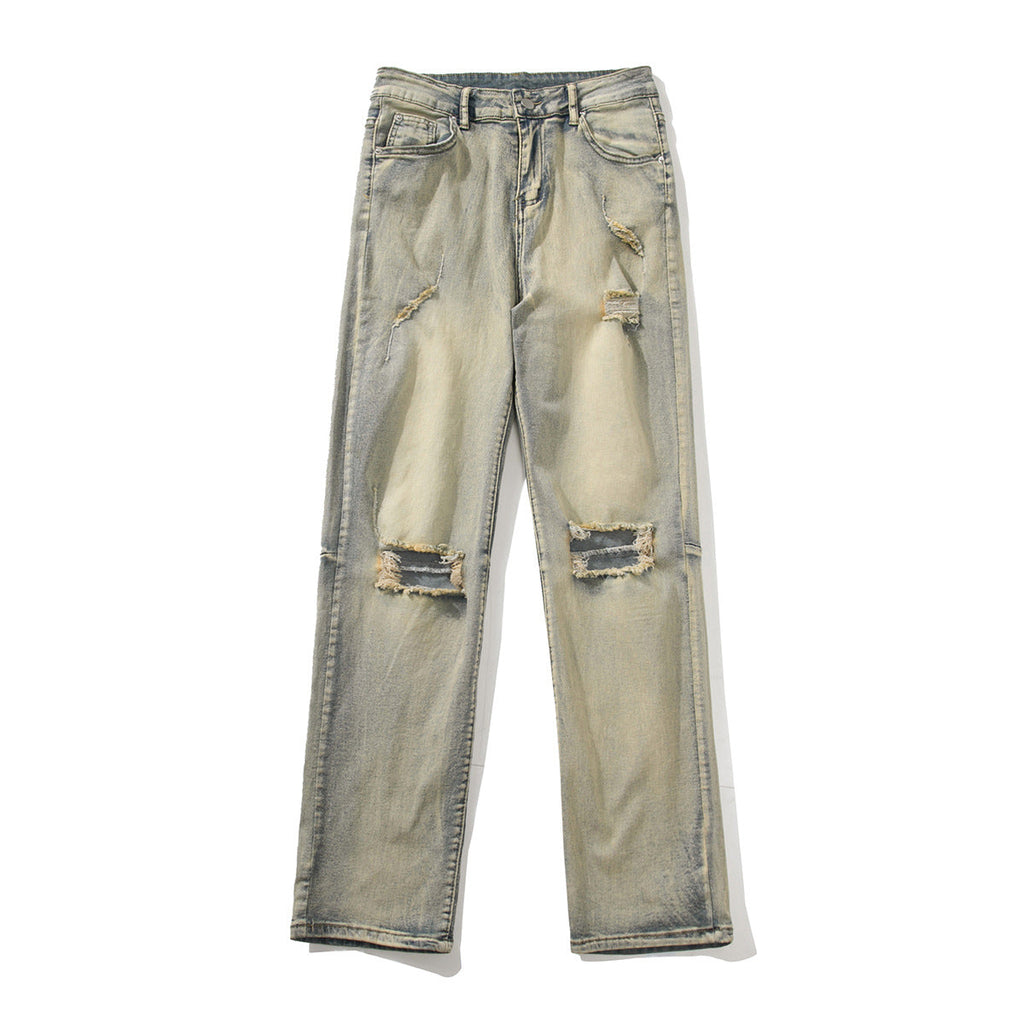 Men's Yellow Mud Washed Distressed Knee Ripped Jeans