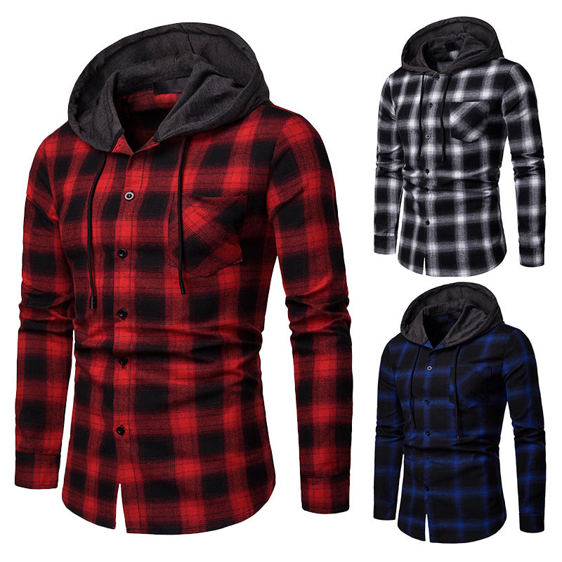 Men's Business Spring And Autumn Plaid Casual Hooded Long-Sleeved Shirt