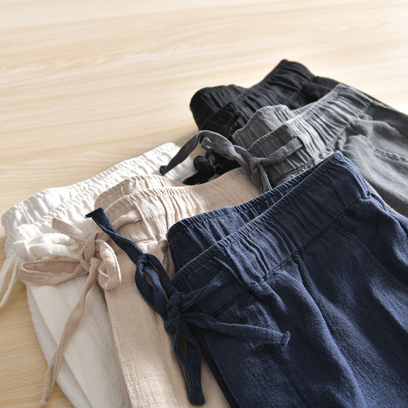 Summer Breathable Cotton Linen Elastic-waist Straight Casual Trousers