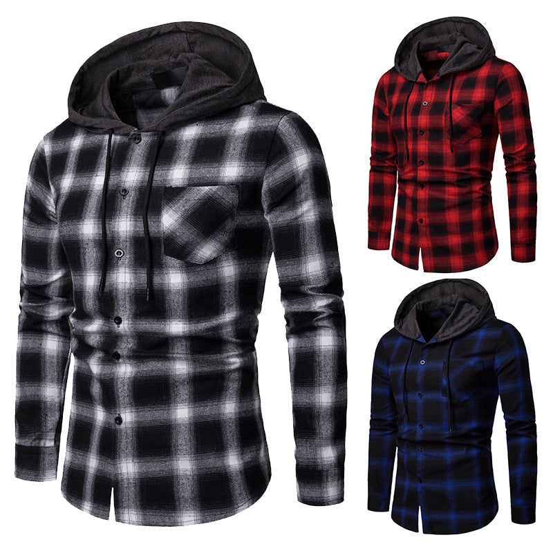 Men's Business Spring And Autumn Plaid Casual Hooded Long-Sleeved Shirt