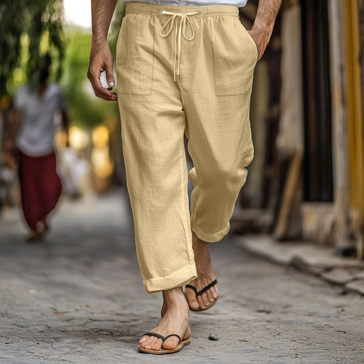 Men's Casual Summer Elastic Waist Drawstring Multi-pocket Cotton And Linen Trousers