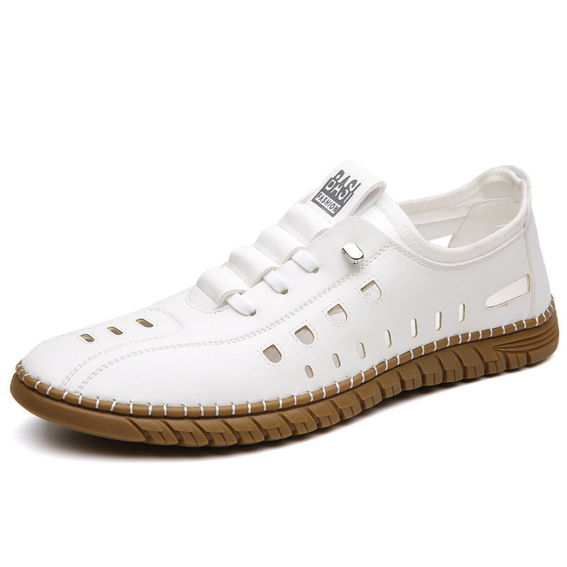 Hollow Breathable White Shoes Hole Shoes Soft Bottom Men Slip-on Leather Sandals