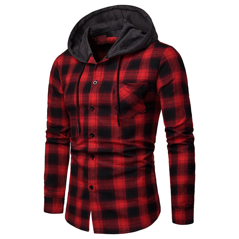 Men's Business Spring And Autumn Plaid Casual Hooded Long-Sleeved Shirt