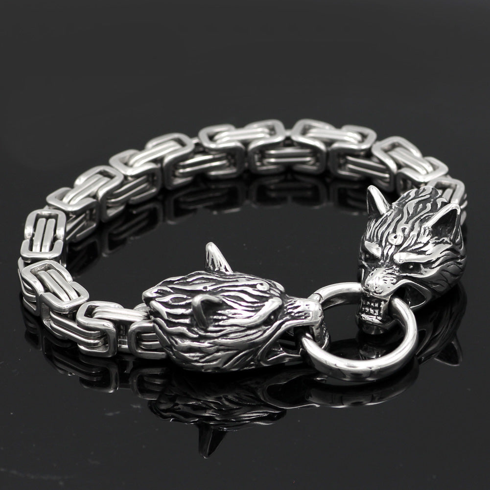 King chain viking wolf head bracelet men