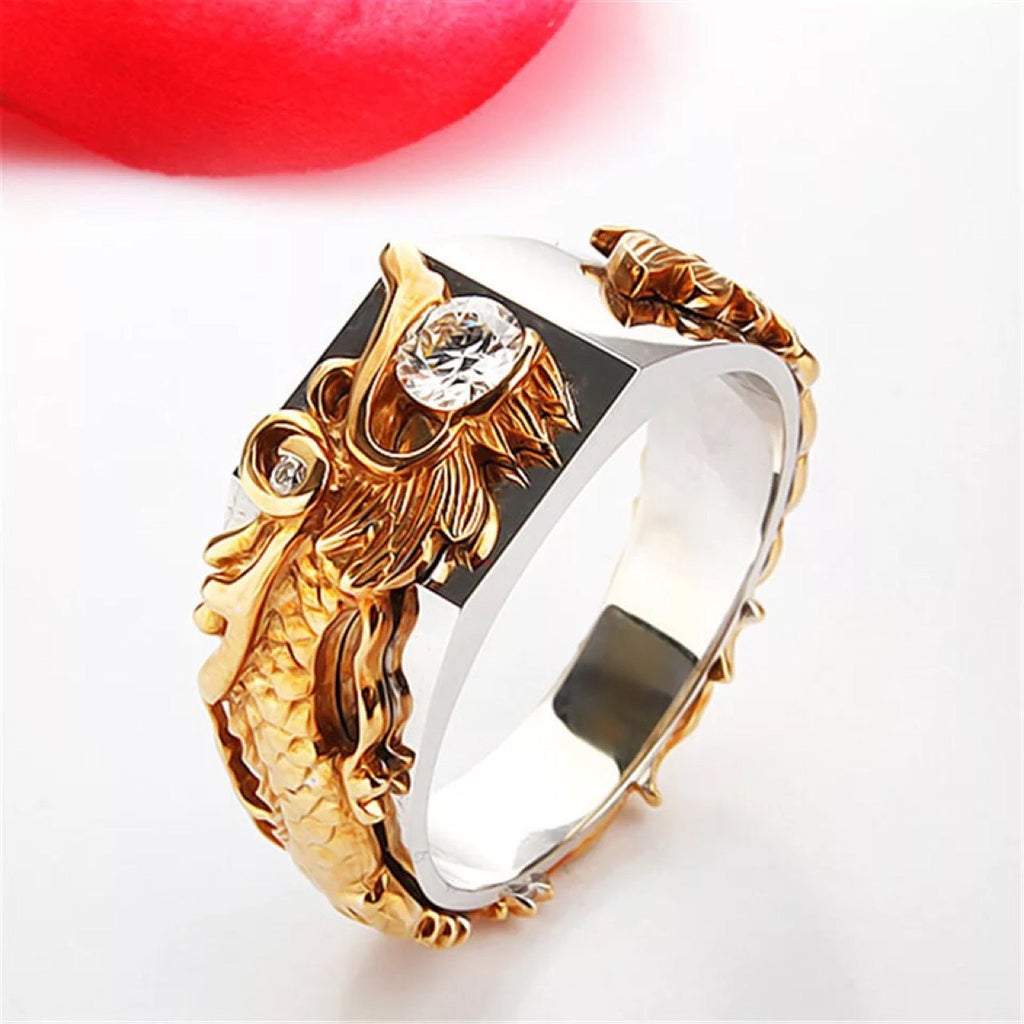 New Men's Domineering Dragon Pattern Two-color Zircon Rhinestone Ring