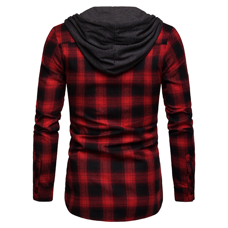 Men's Business Spring And Autumn Plaid Casual Hooded Long-Sleeved Shirt