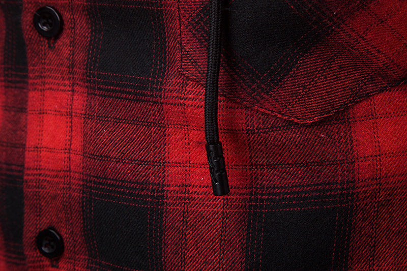 Men's Business Spring And Autumn Plaid Casual Hooded Long-Sleeved Shirt