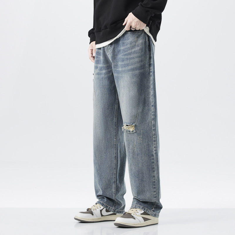 Hole Vintage Jeans Men's American Loose Straight-leg Distressed Pants