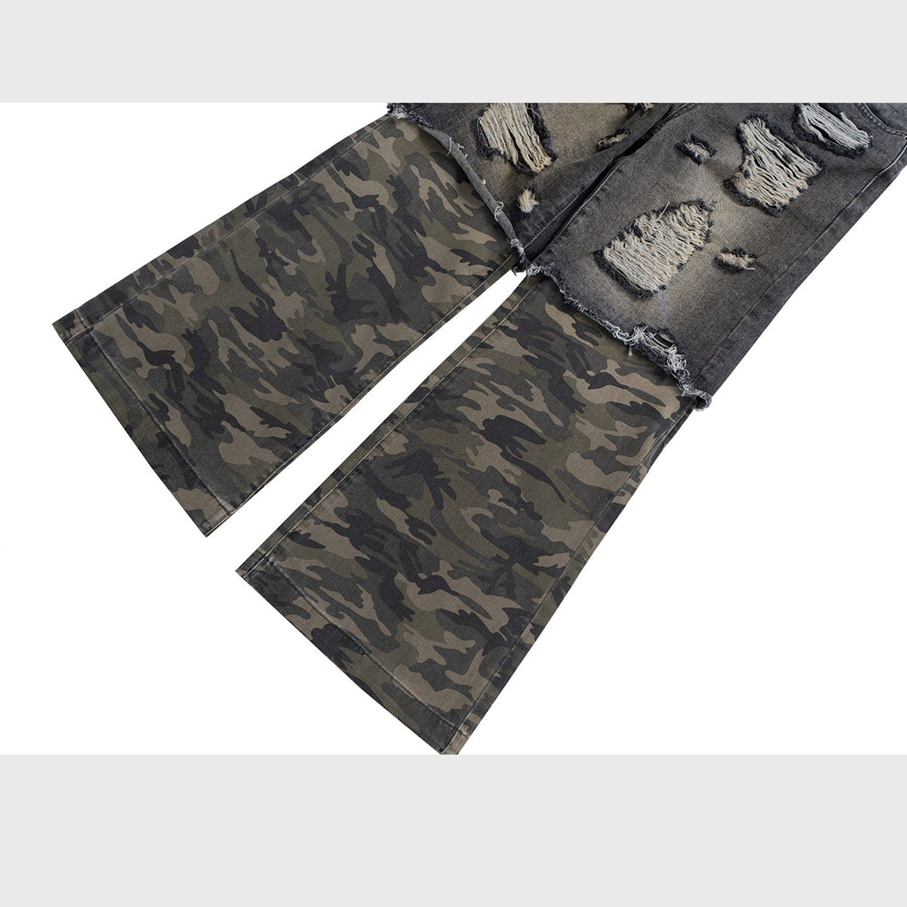 Camouflage Stitching Micro-pull Wide Leg Ripped Ripped Jeans