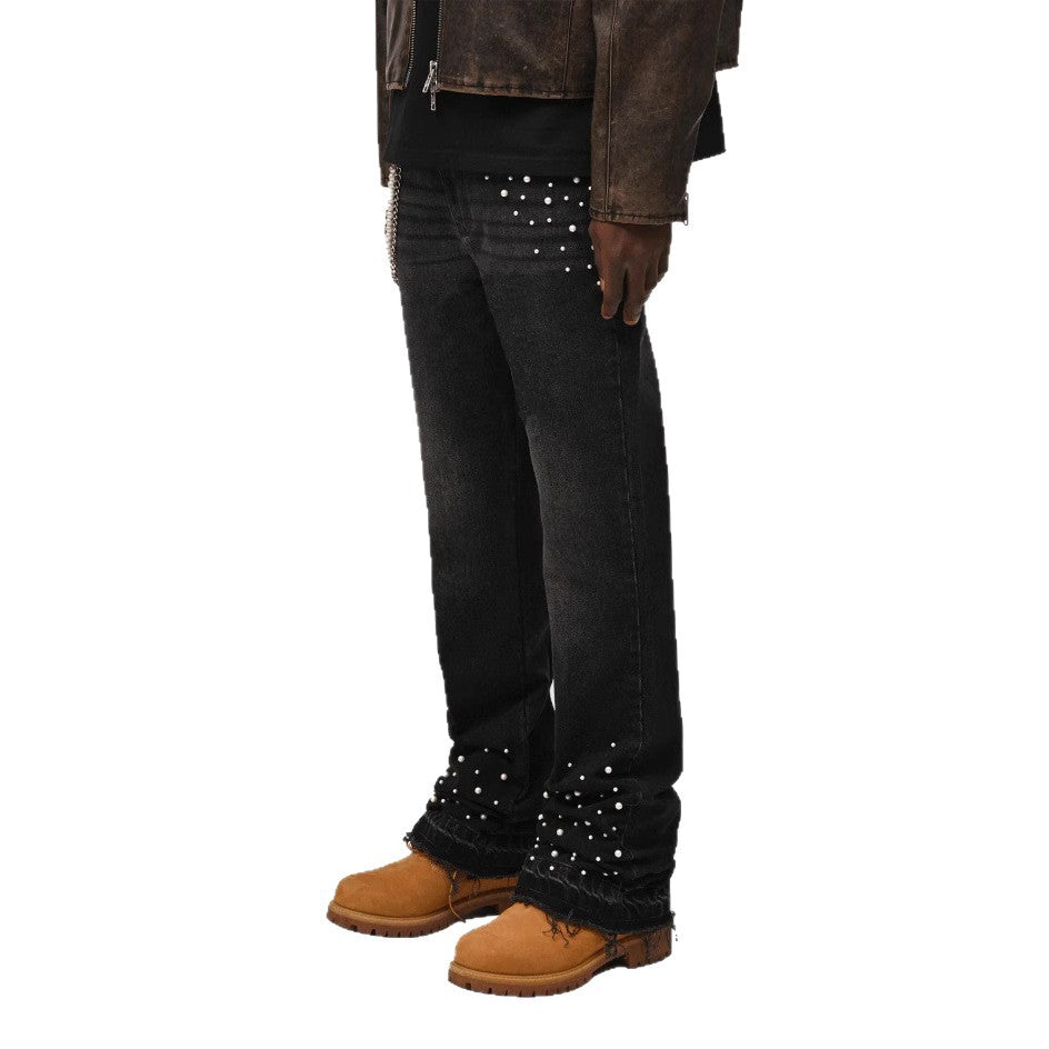 Men's Street Fashion Elastic Diamond Denim Straight-leg Pants