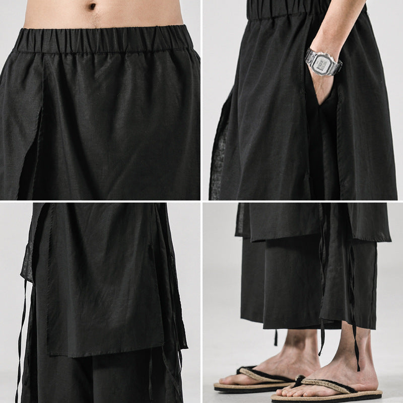 Men's Solid Color Retro Linen Casual Culottes