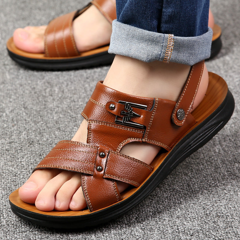 Sandals Leather Casual Non-slip Beach Shoes Men's First Layer Leather Slippers