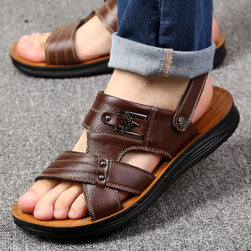 Sandals Leather Casual Non-slip Beach Shoes Men's First Layer Leather Slippers