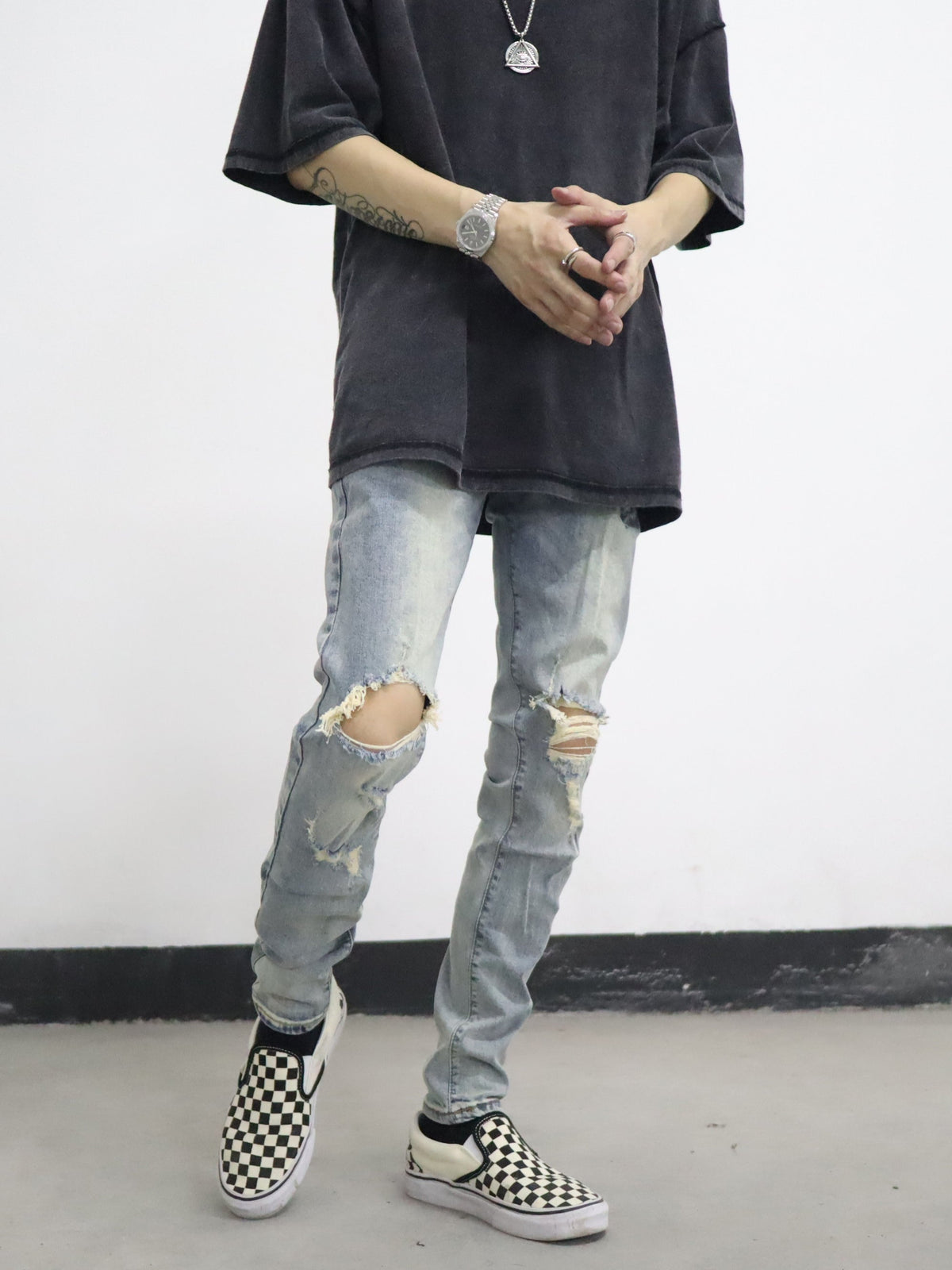 European And American High Street FOG Knee Holes Washed And Worn Light Blue Casual Street Skateboarding Slim Jeans Trendy Men
