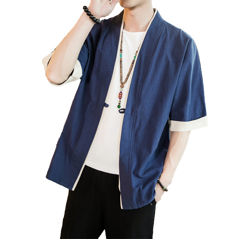 New Style Cotton And Linen Jacket Five Point Sleeve Men