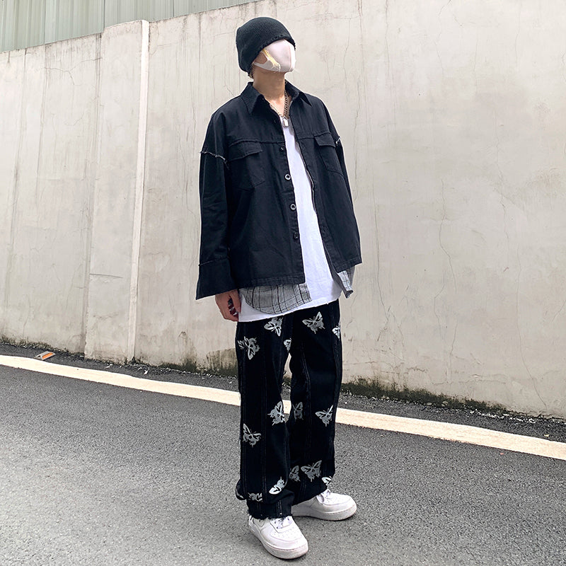 Niche Personality Butterfly Reflective Printing Stitching Tassel Harajuku Hip-Hop Street Straight Jeans Dark Ins Tide