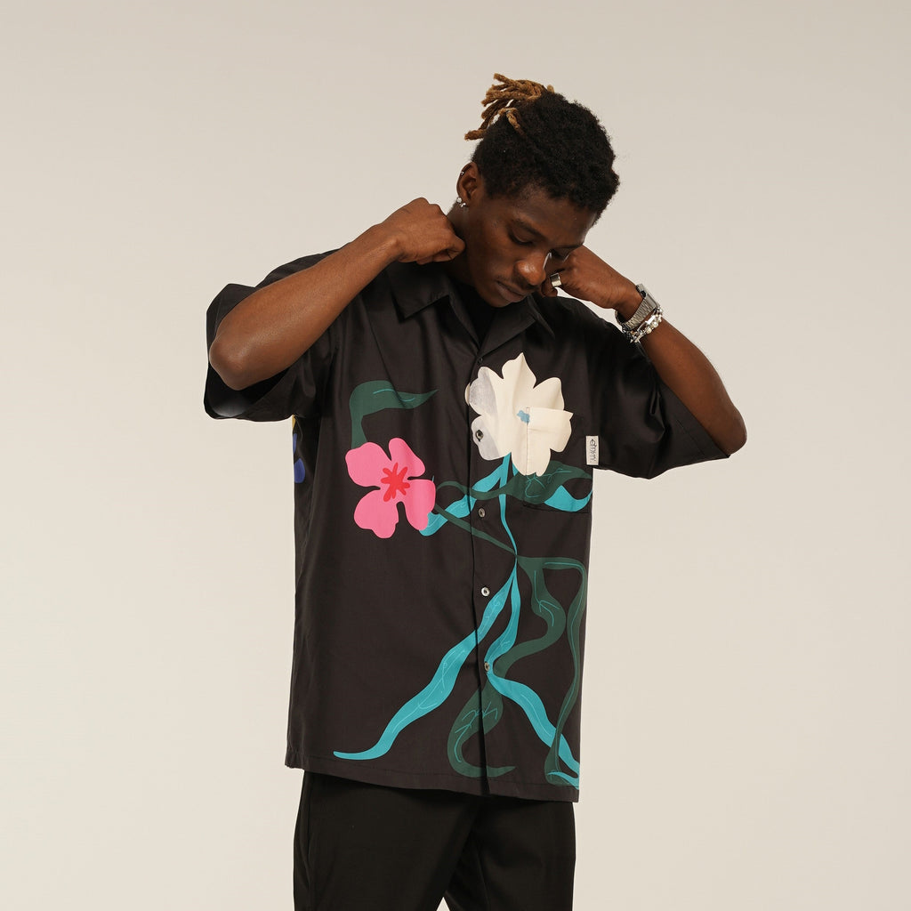 Two color Short Sleeved Lining With Ribbon Dance Flower Print