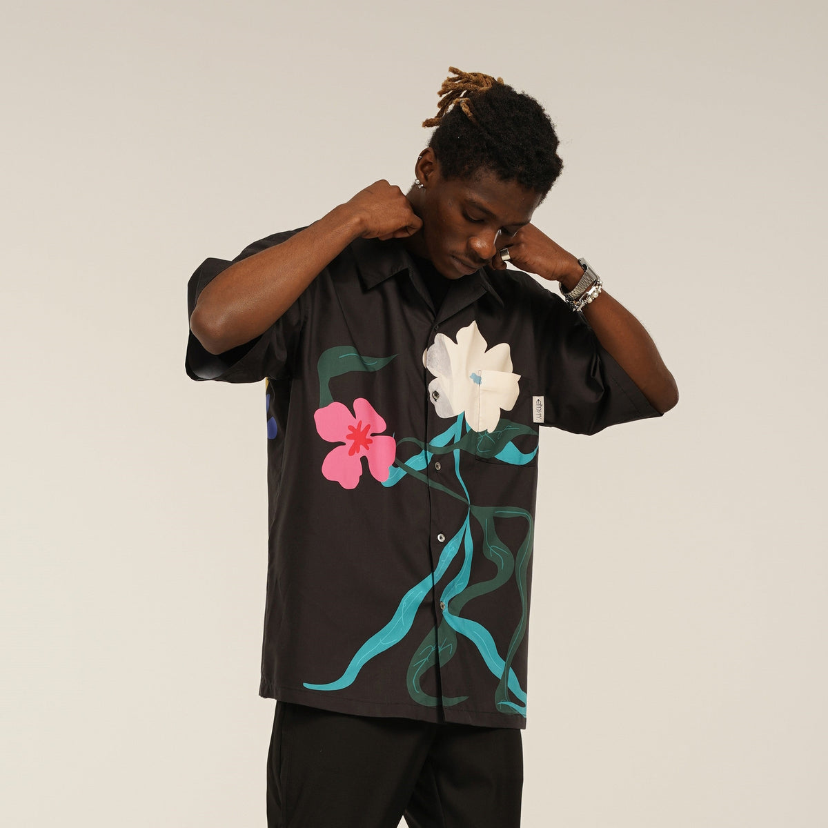 Two color Short Sleeved Lining With Ribbon Dance Flower Print