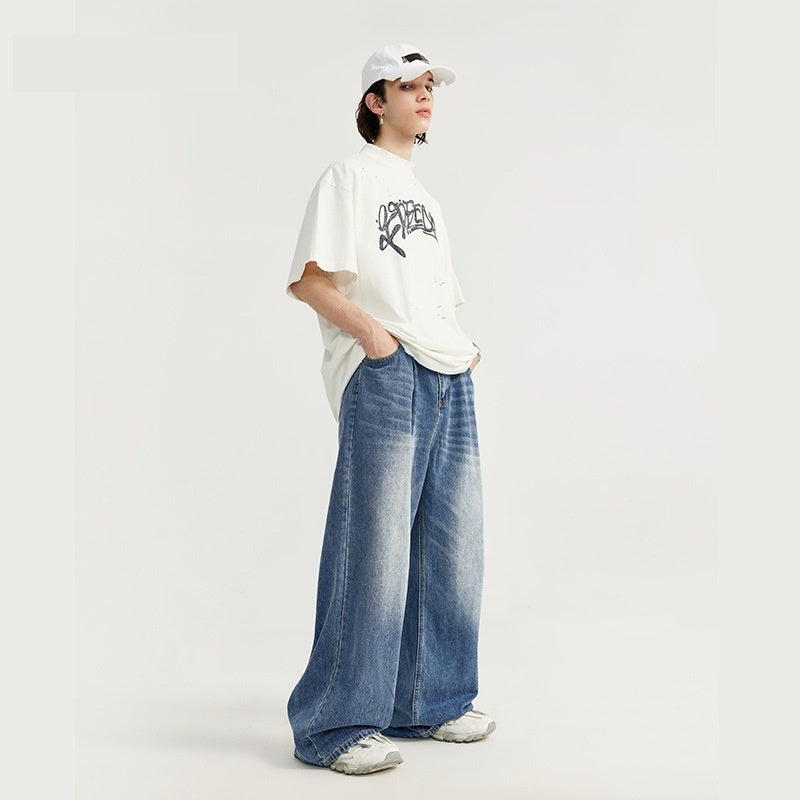 Loose Straight Men's Clothing Mid-high Waist Washed Wide Leg Jeans