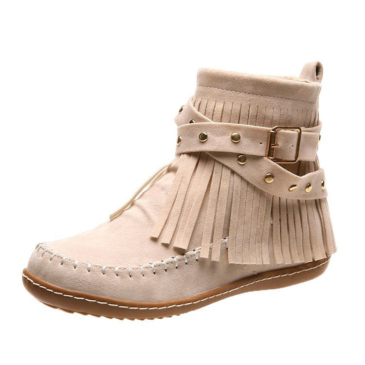 New Fashion Large Size Tassel Ankle Boots Flat Rivet Buckle Short Martin Boots