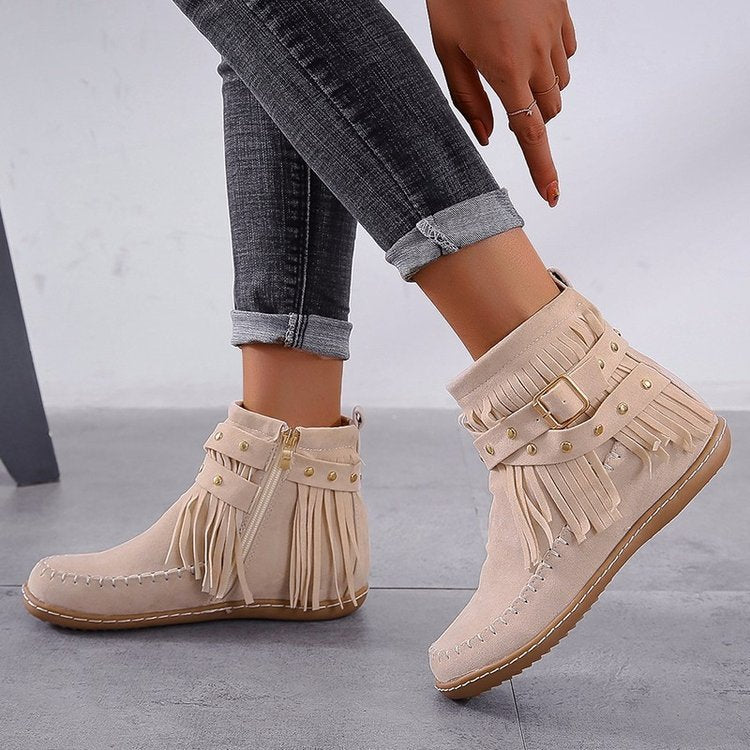 New Fashion Large Size Tassel Ankle Boots Flat Rivet Buckle Short Martin Boots
