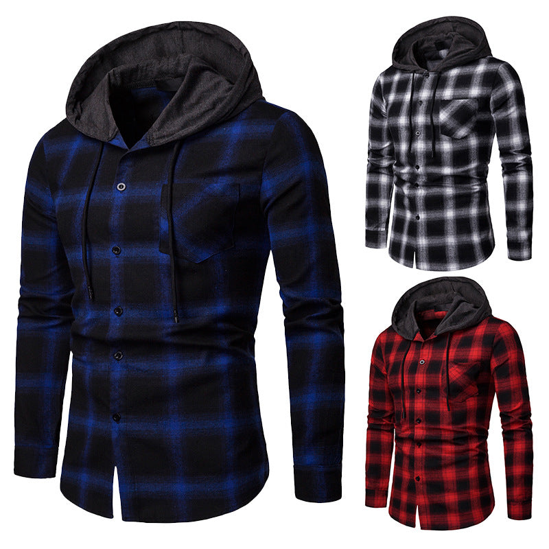 Men's Business Spring And Autumn Plaid Casual Hooded Long-Sleeved Shirt