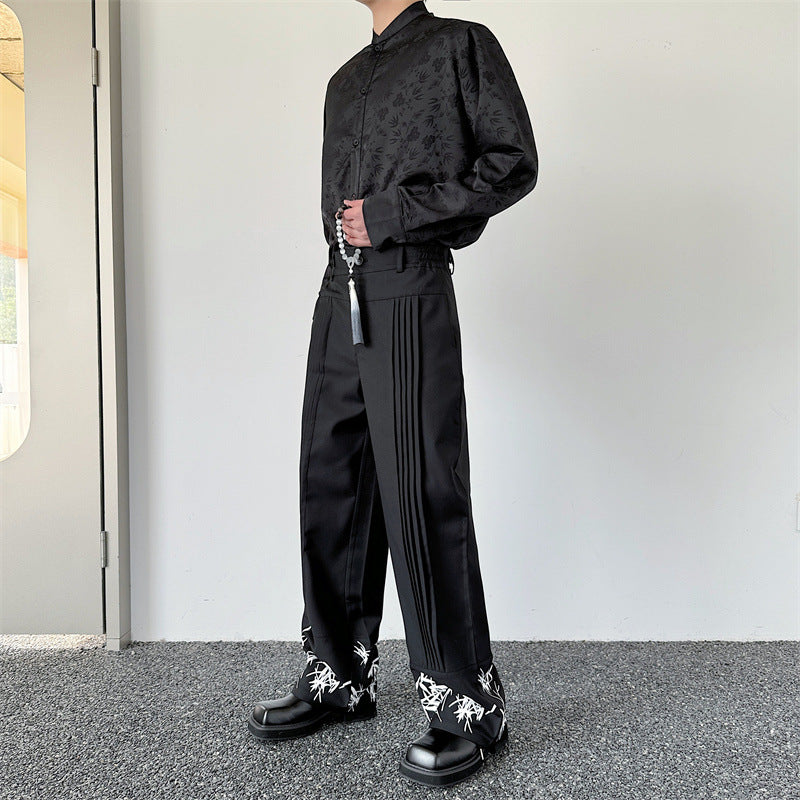 Pleated Wide Leg Printing Casual Straight Pants