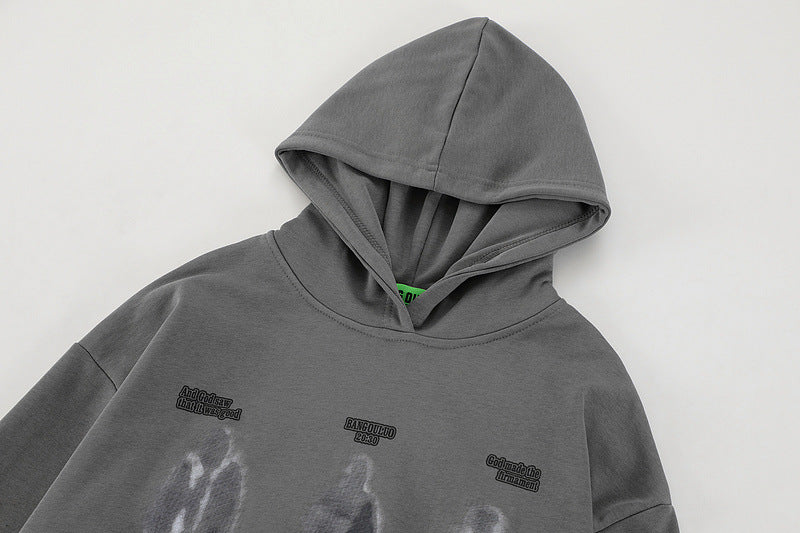 American-style Dark Retro Fuzzy Phantom Printed Long-sleeved Hooded Sweater