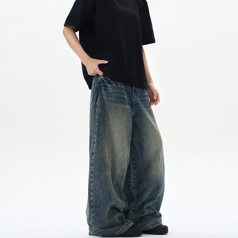 American-style Vintage Blue Washed Tie-dye Bootcut Jeans