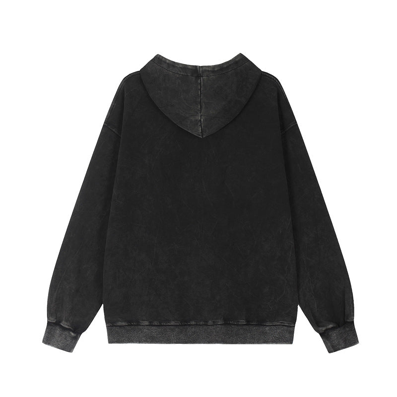 American Retro Distressed Gradient Spider Patch Embroidered Hoodie Men