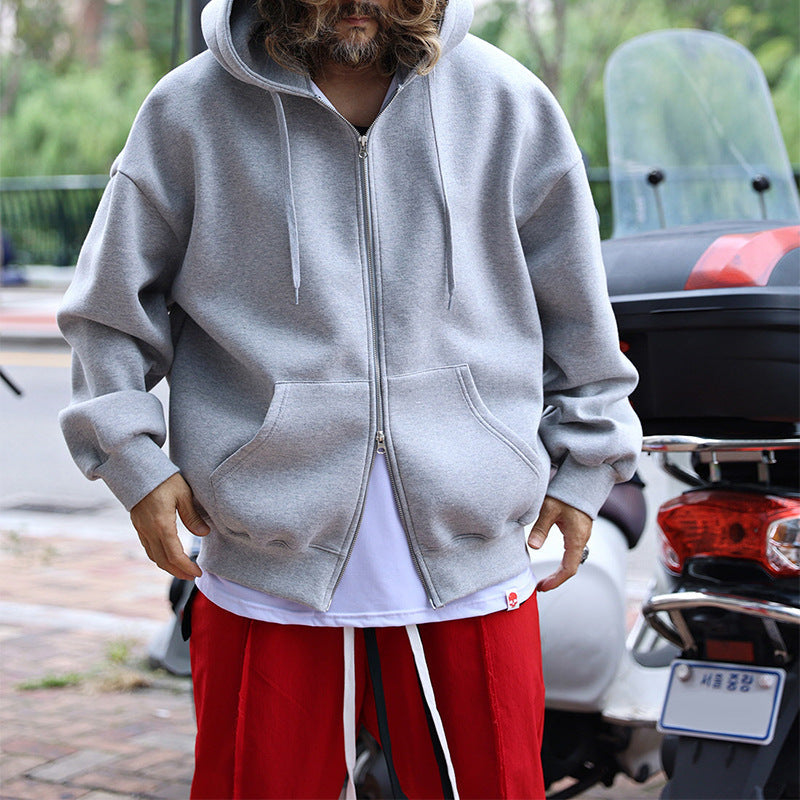 Fashion Solid Color Zipper Hooded Jacket Men