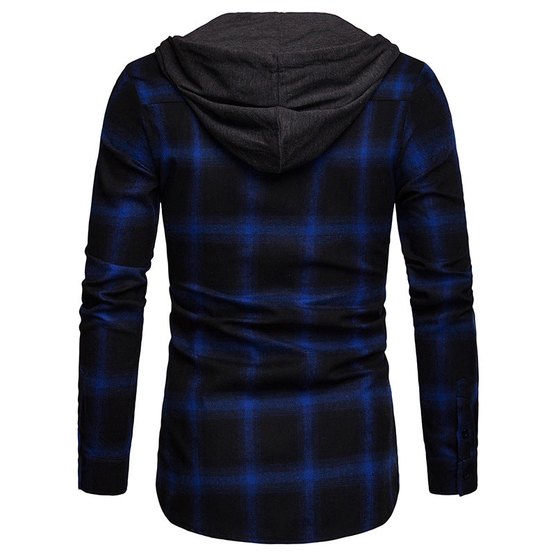 Men's Business Spring And Autumn Plaid Casual Hooded Long-Sleeved Shirt