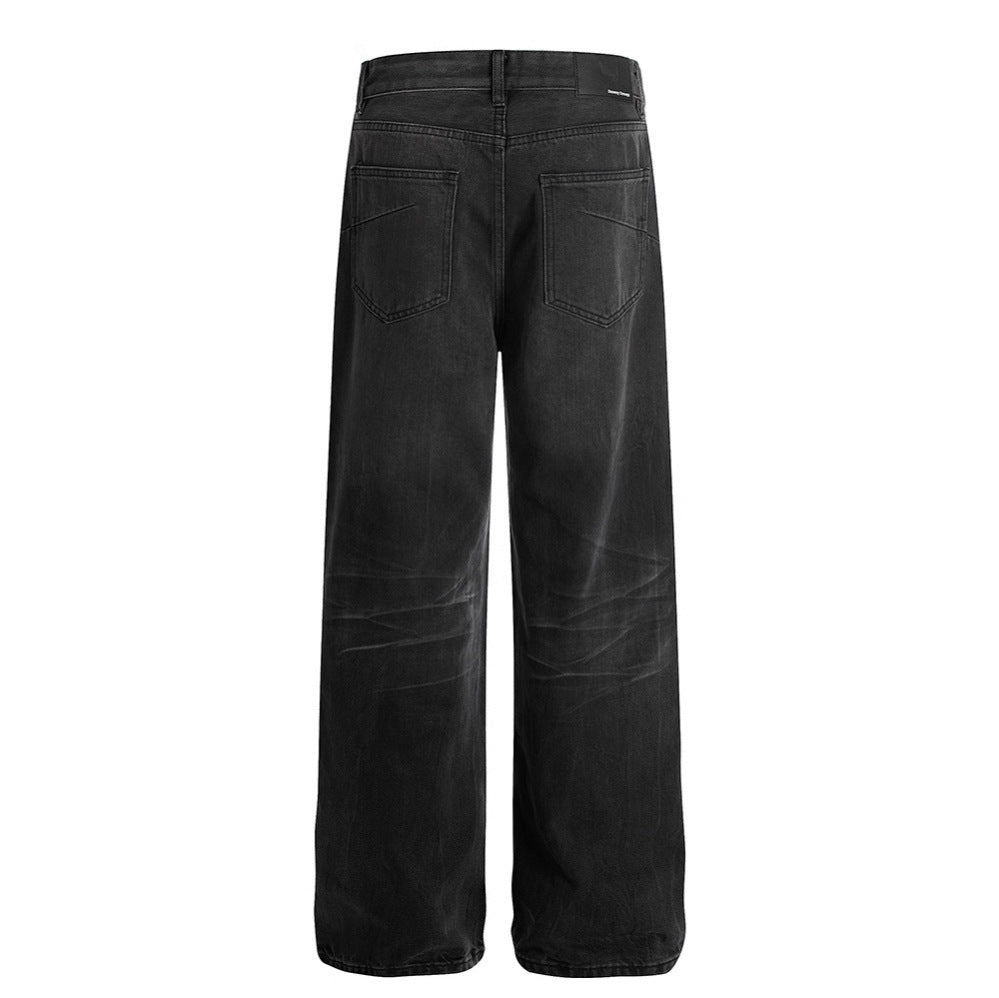 Retro Whisker-washed Distressed Straight-leg Denim Jeans