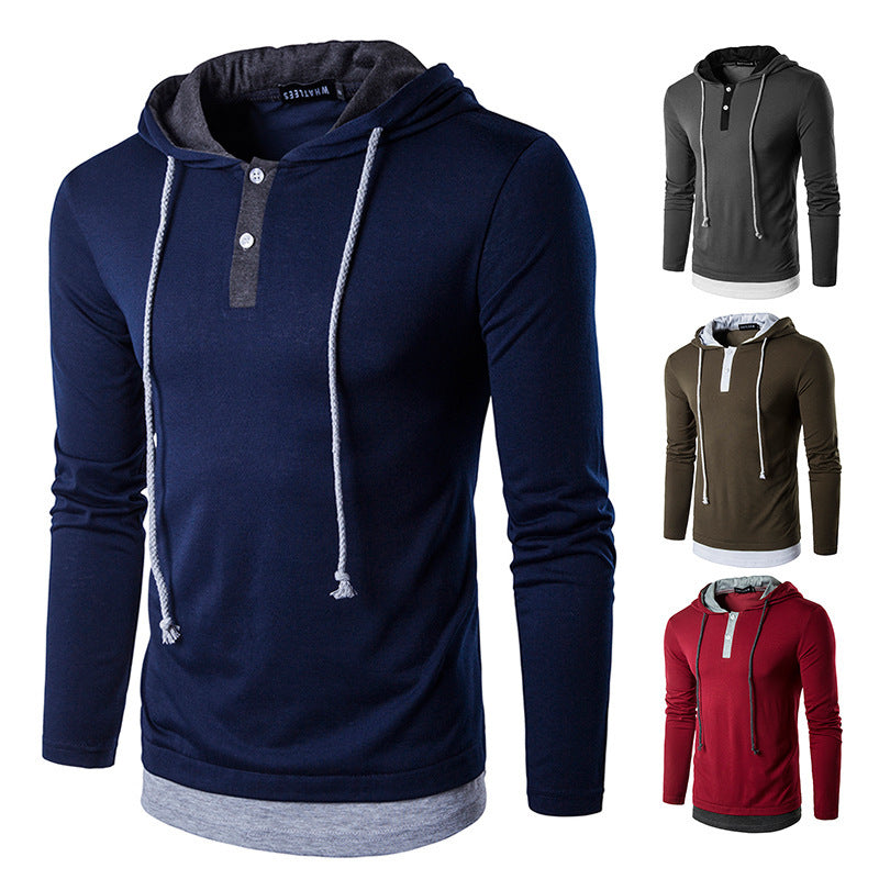 Fake Two-piece Hooded Drawstring Long-sleeved T-shirt