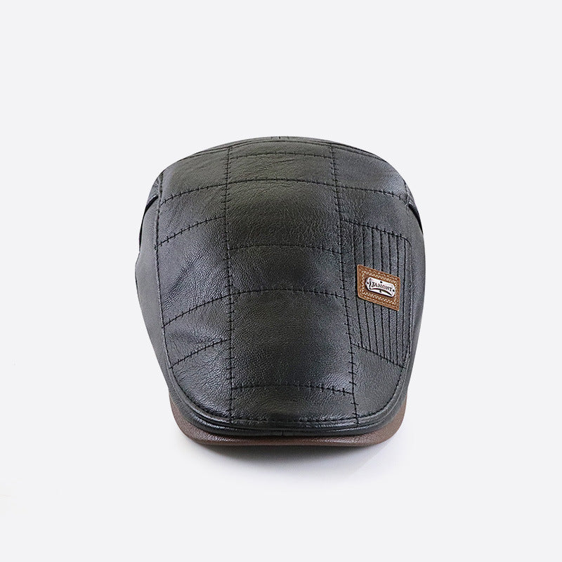 Fashionable All-match PU Leather Peaked Cap Fleece-lined Warm