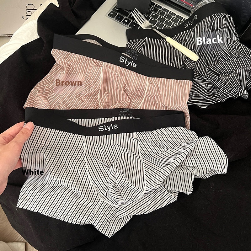 Vintage Stripe Men's Ice Silk Breathable Transparent Bottom Crotch Boxer Briefs