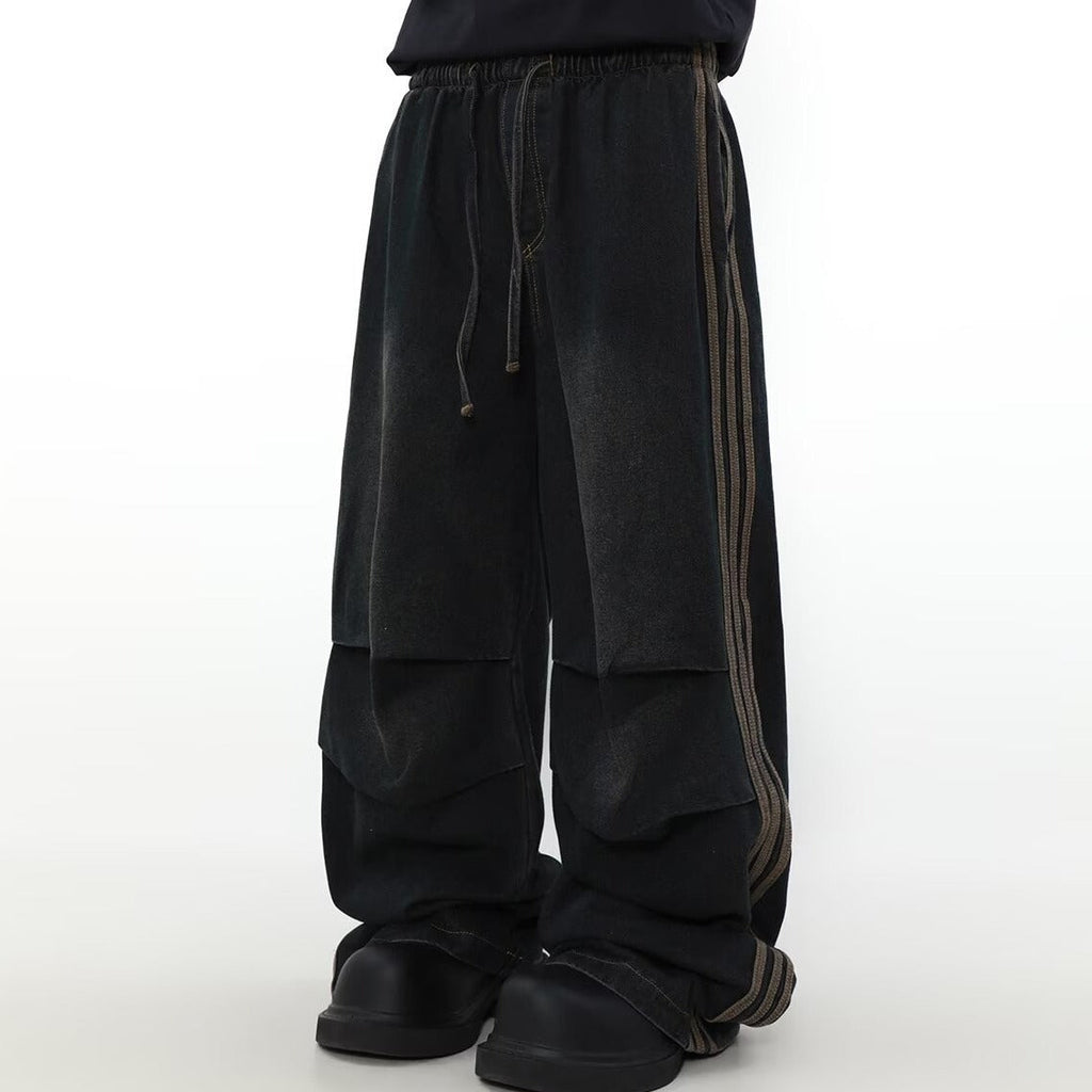 American Pleated Design Sense Niche Striped Wide Leg Straight Jeans Men